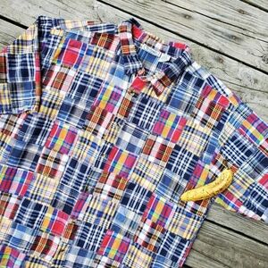 Vintage 90s Patchwork Madris fun summer dad short sleeve button down shirt XL